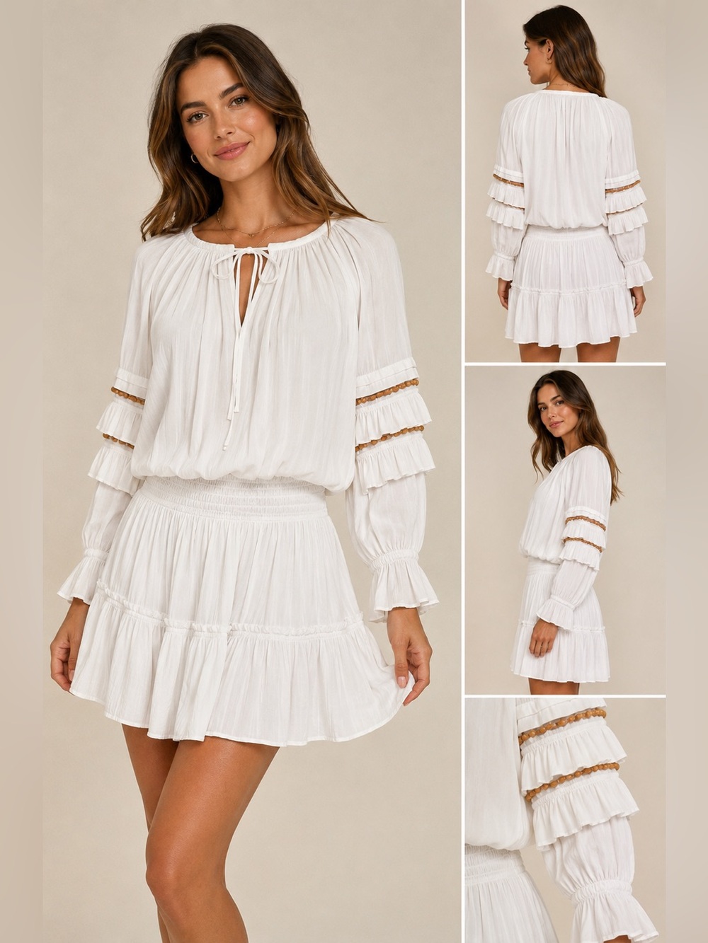 Ramy Brooke Randi Mini Dress Smocking Wooden Beads Ruffle in Ivory Lined